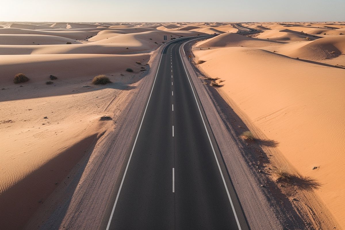 طريق يشق الكثبان الرملية، مصوَّر من الجو
